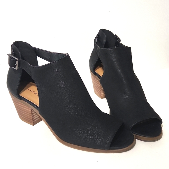 NEW Lucky Brand Barimo Black Leather Wood Block Open Toe Heels Women's 9 - Picture 13 of 13